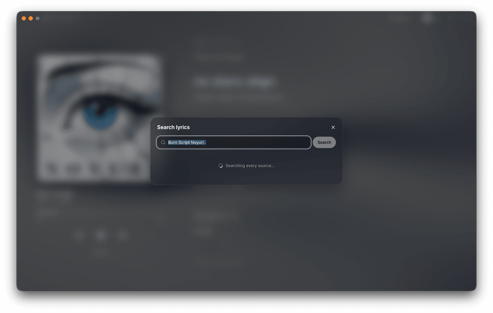 Adaptive Lyrics' Search lyrics dialog, prefilled with the playing track and searching every source