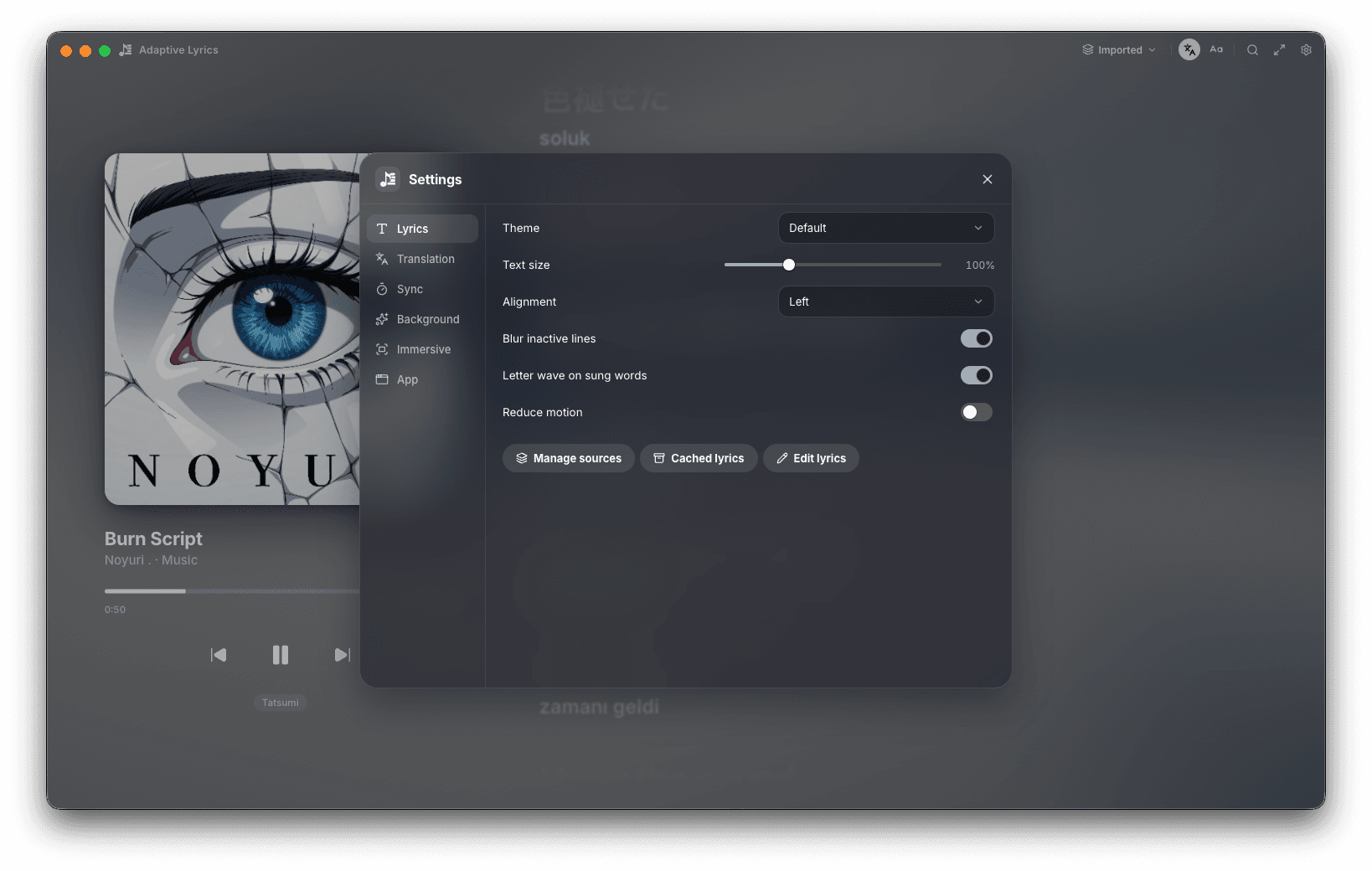 Adaptive Lyrics settings, Lyrics tab: theme, text size, alignment, blur inactive lines, letter wave on sung words, reduce motion, and Manage sources, Cached lyrics and Edit lyrics