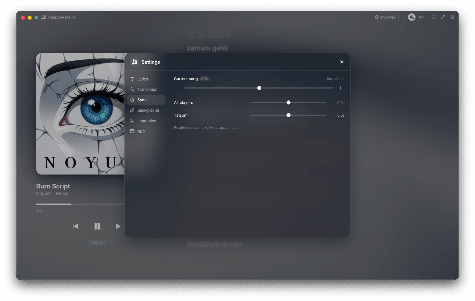 Adaptive Lyrics settings, Sync tab: an offset for the current song, for all players, and for Tatsumi