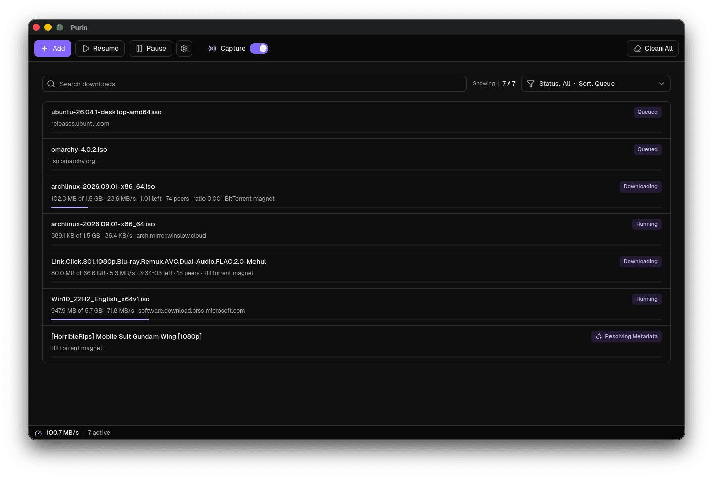 Purin download queue with HTTP and BitTorrent jobs running