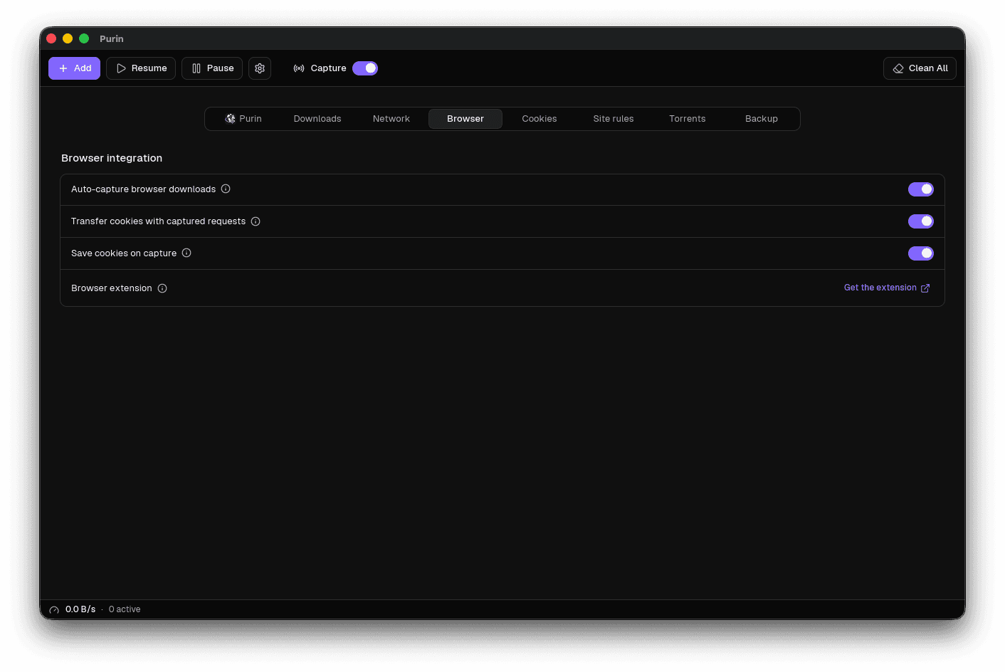 Purin browser integration settings with auto-capture enabled