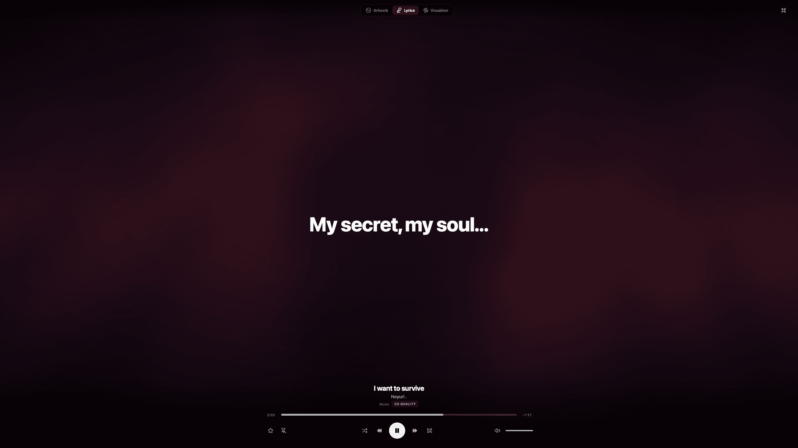 Tatsumi's immersive Lyrics view: a single lyric line held large and centred on an ambient wash, with the transport beneath
