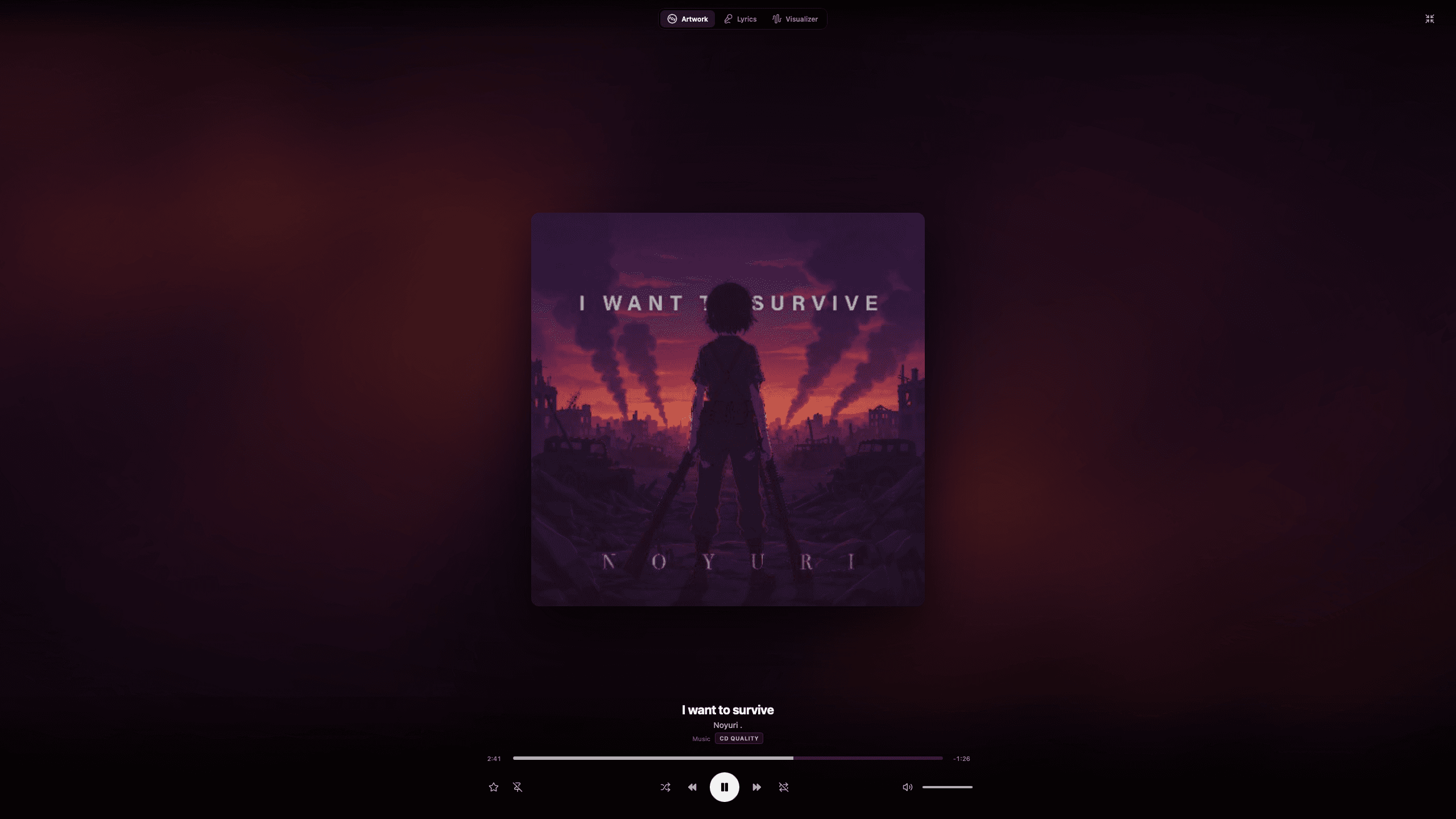 Tatsumi's immersive Artwork view on the desktop: the album cover centred on an ambient wash, with the transport beneath