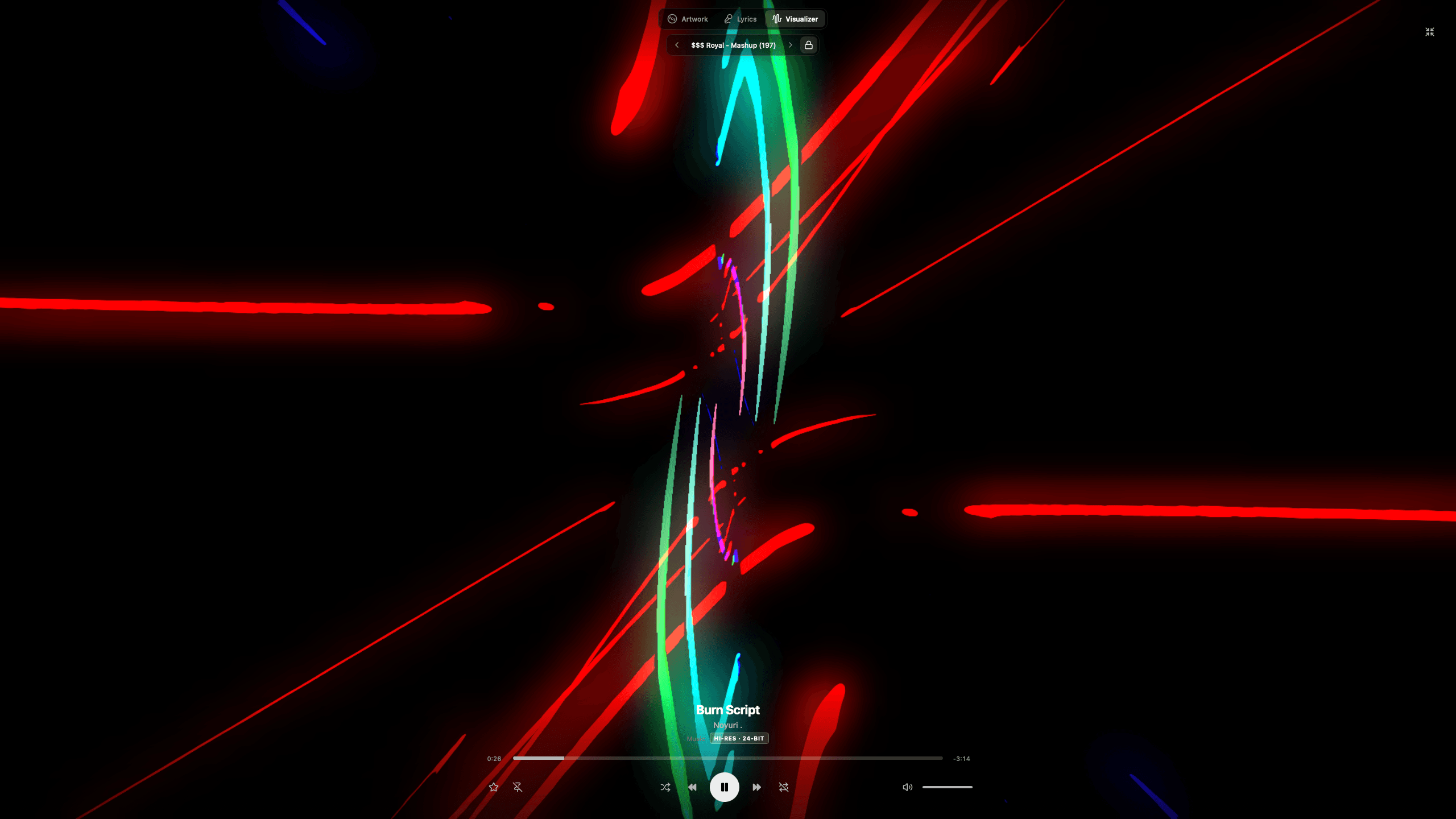 Tatsumi's immersive Visualizer view: a MilkDrop preset painting orange and cyan light trails across the full screen, with the preset name and the transport beneath