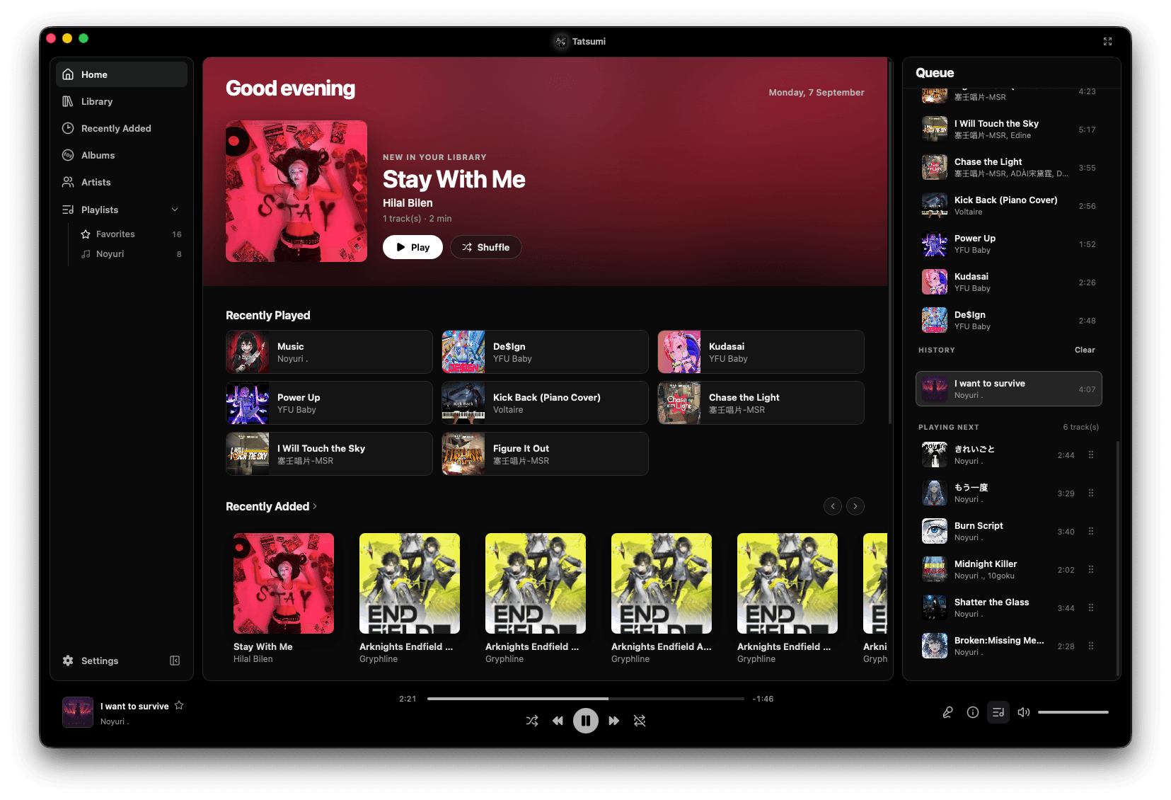Tatsumi's Queue panel beside the home screen, showing the upcoming tracks, a History section and a re-orderable Playing Next list