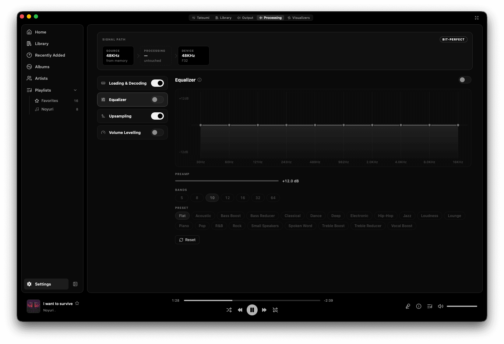 Tatsumi's Processing settings: a signal path from a 48KHz source through untouched processing to a 48KHz F32 device with a BIT-PERFECT badge, beside toggles for loading and decoding, equalizer, upsampling and volume levelling, and a ten-band equalizer with preamp and presets