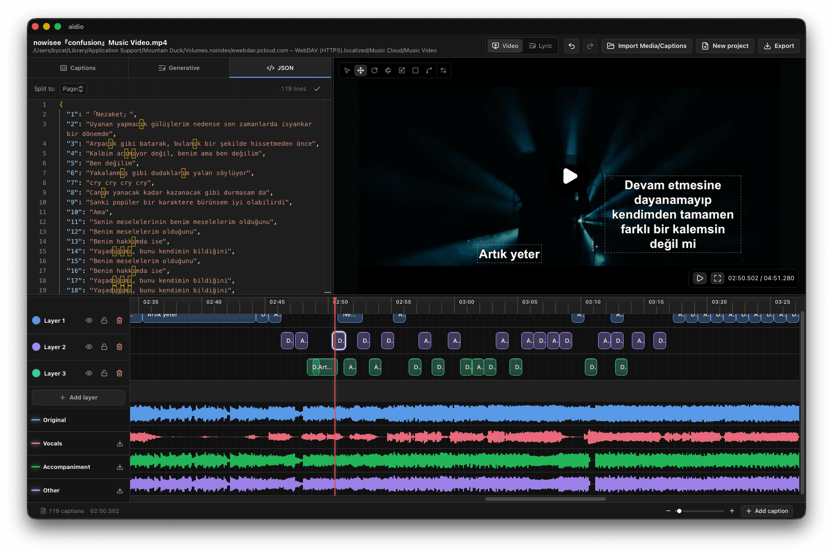Aidio canvas move tool positioning a caption on the video frame