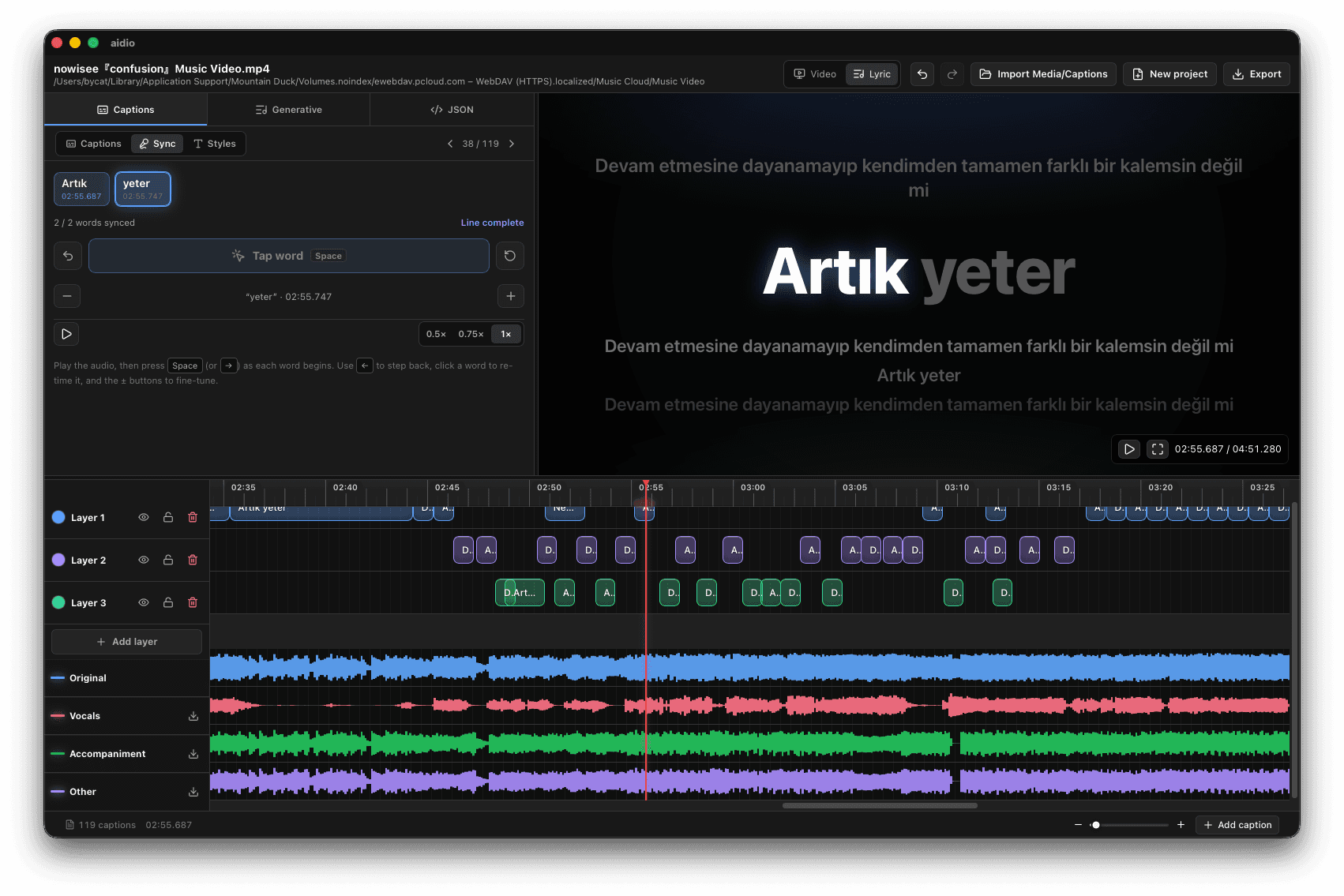 Aidio word-level sync with karaoke lyric preview
