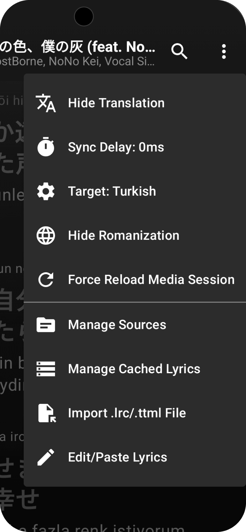 Midilli's ⋮ menu: Hide Translation, Sync Delay: 0ms, Target: Turkish, Hide Romanization, Force Reload Media Session, Manage Sources, Manage Cached Lyrics, Import .lrc/.ttml File, Edit/Paste Lyrics