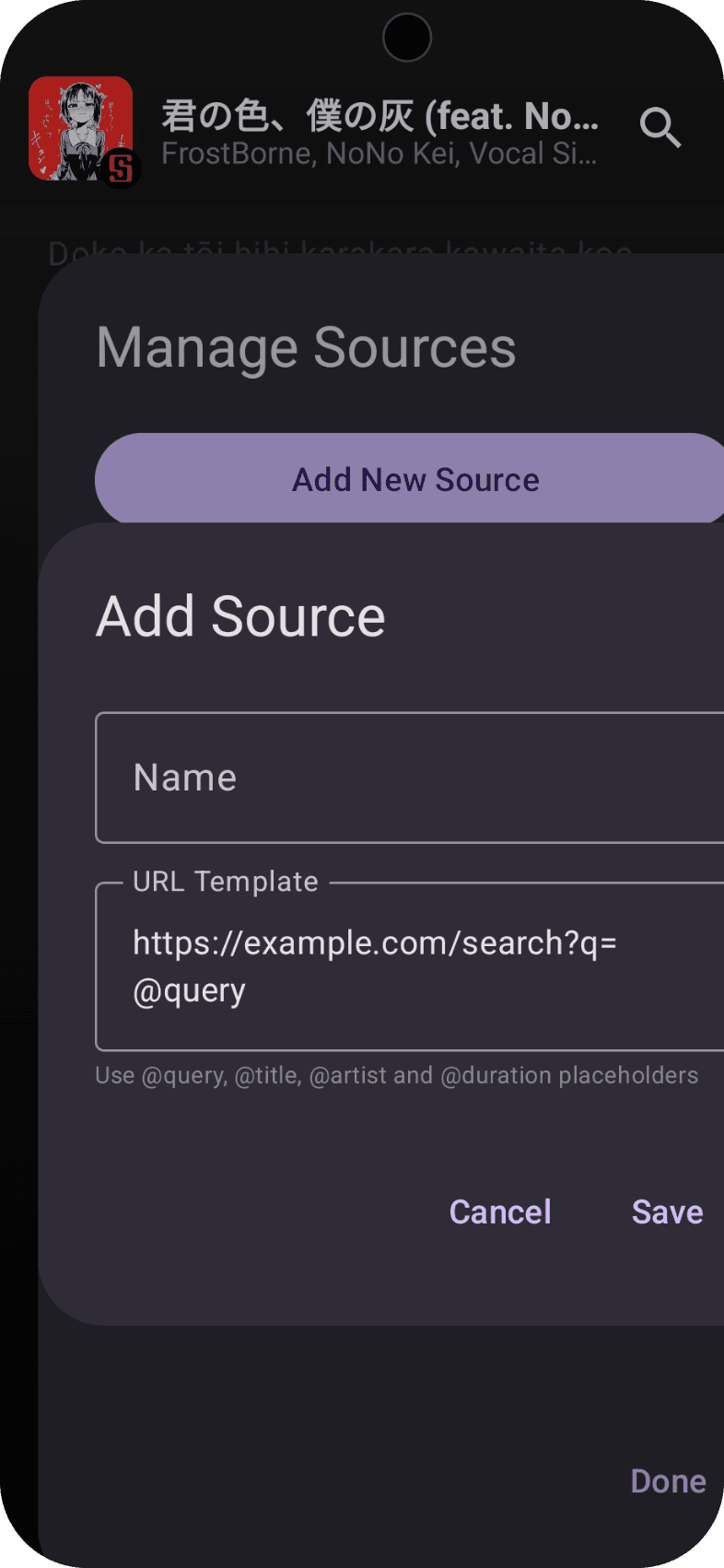 Midilli's Manage Sources sheet with the Add Source form: Name, URL Template and the placeholder help text