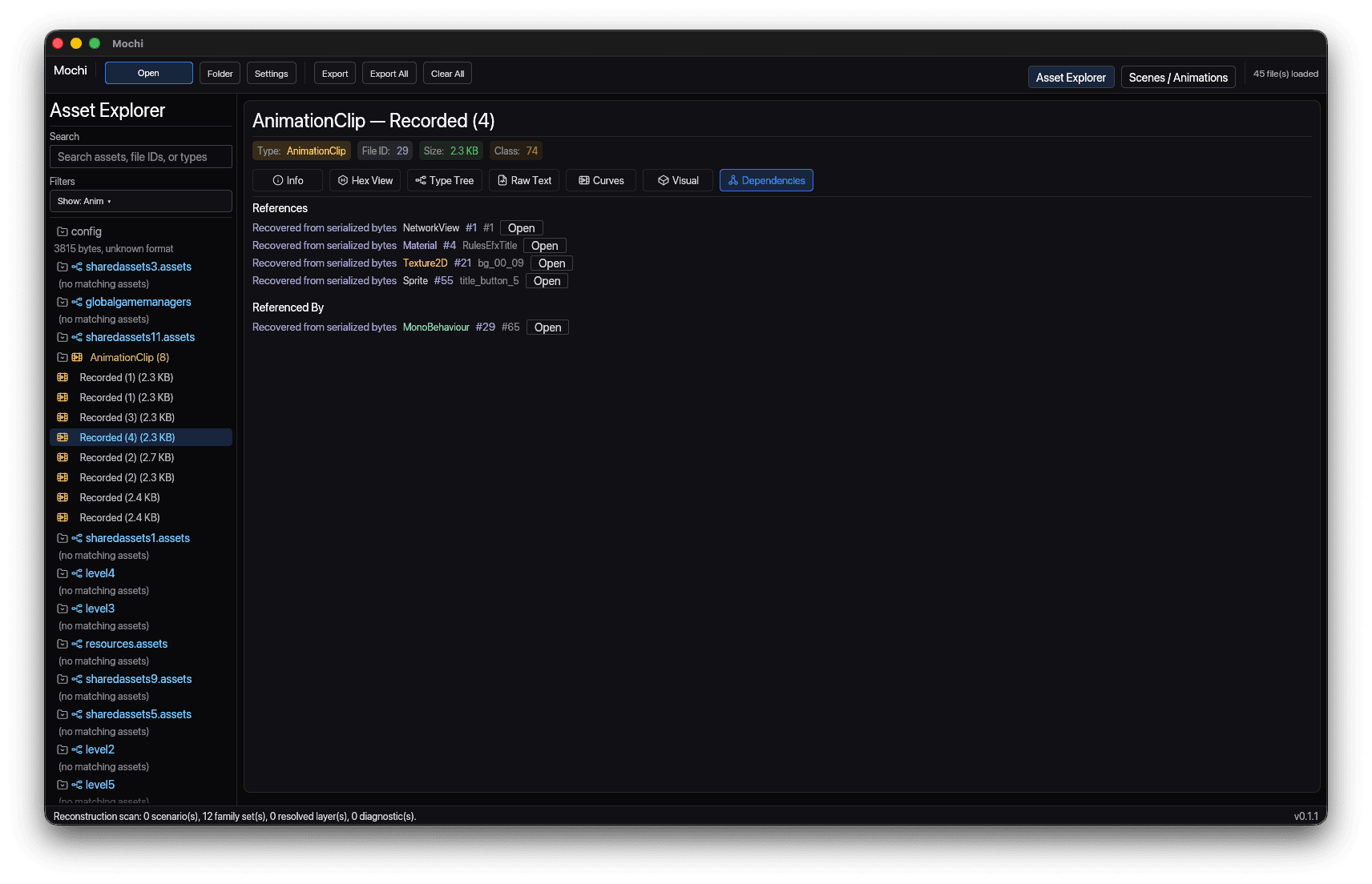 Mochi Dependencies tab listing references and referenced-by for Recorded (4)