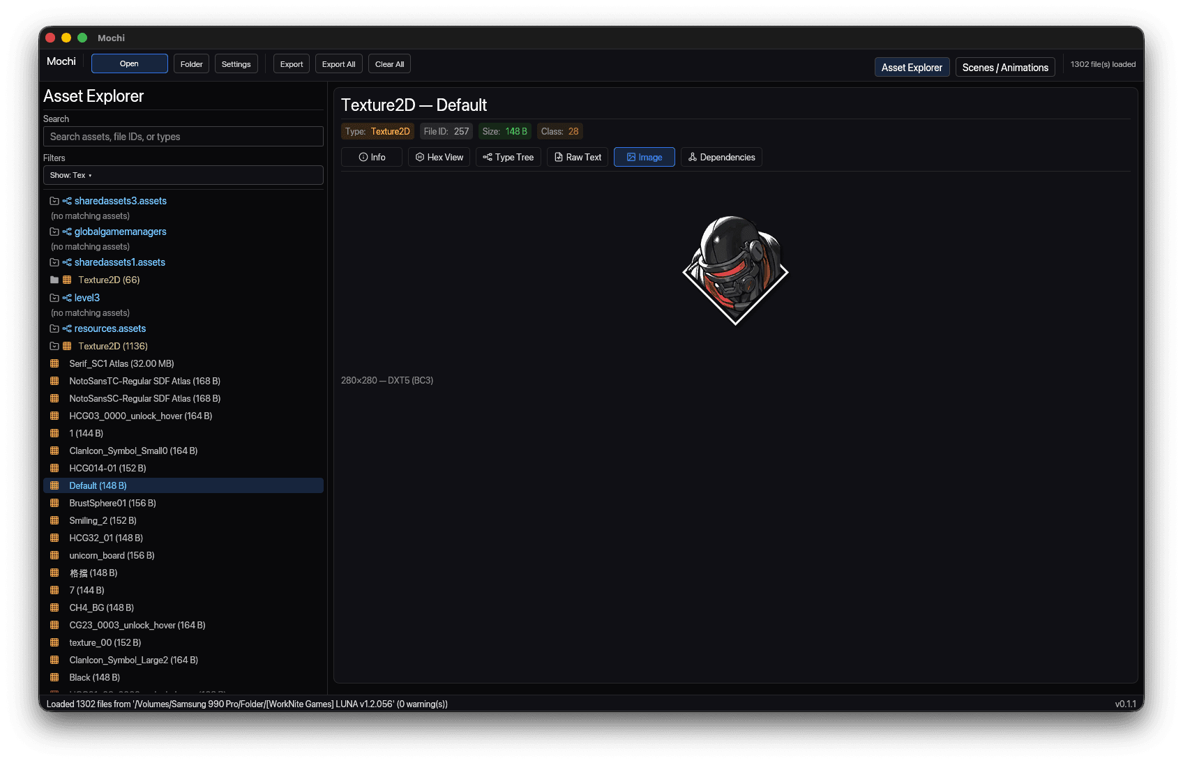 Mochi Image tab showing the decoded 280 × 280 DXT5 texture Default