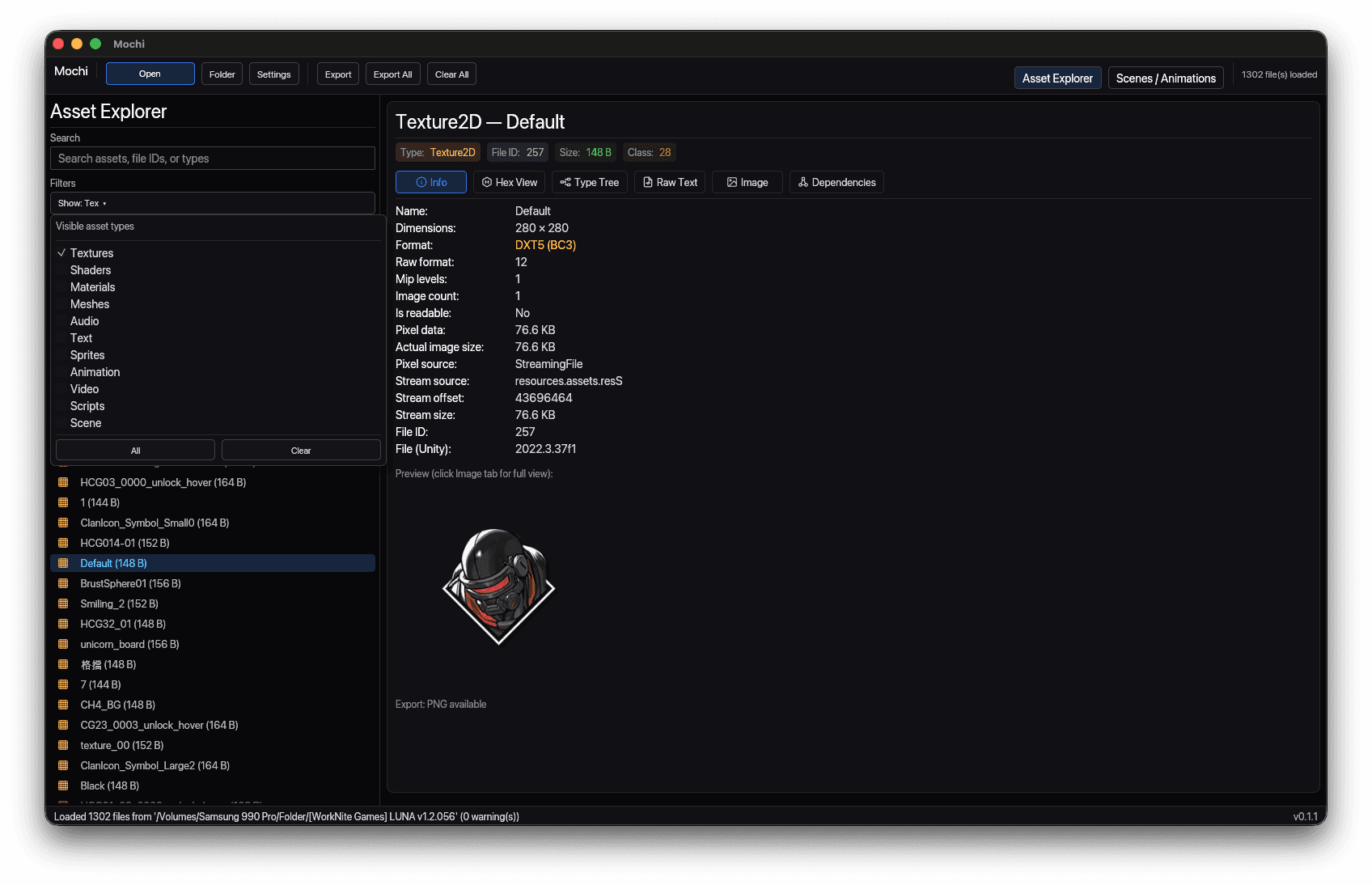 Mochi Asset Explorer with the visible-asset-types filter open