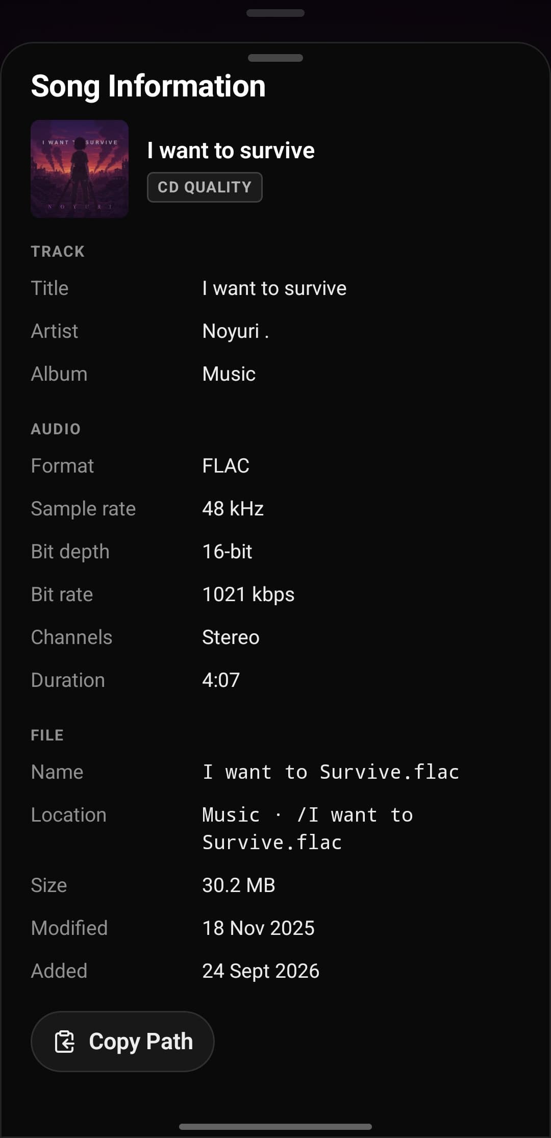 Tatsumi's Song Information sheet: I want to survive with a CD QUALITY badge, then title, artist and album, FLAC · 48 kHz · 16-bit · 1021 kbps · Stereo · 4:07, and the file's name, location, size and dates with a Copy Path button