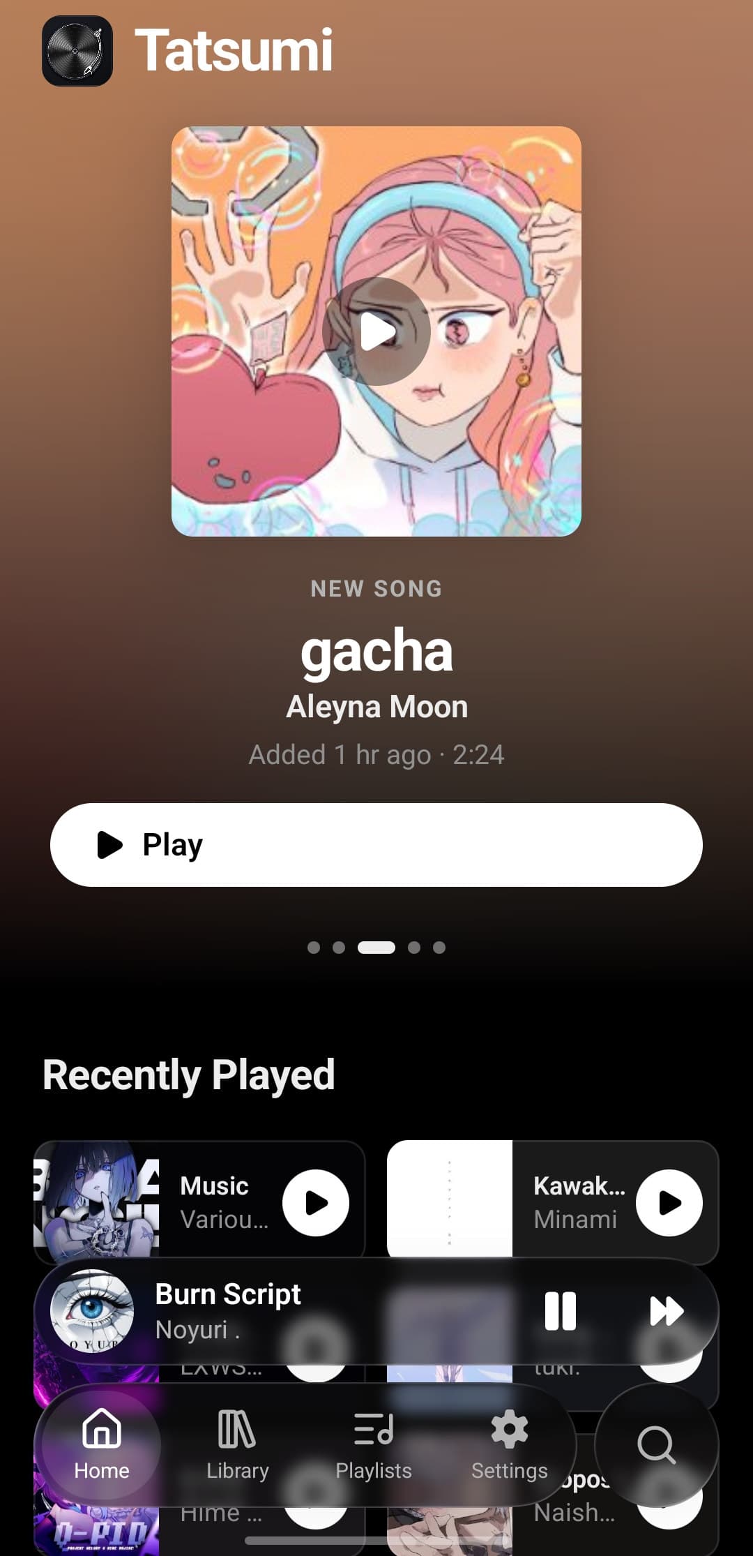 Tatsumi's home screen on Android: a NEW SONG card for gacha by Aleyna Moon with a Play button over an ambient wash lifted from the artwork, then a Recently Played row, a mini player and the Home, Library, Playlists and Settings tab bar