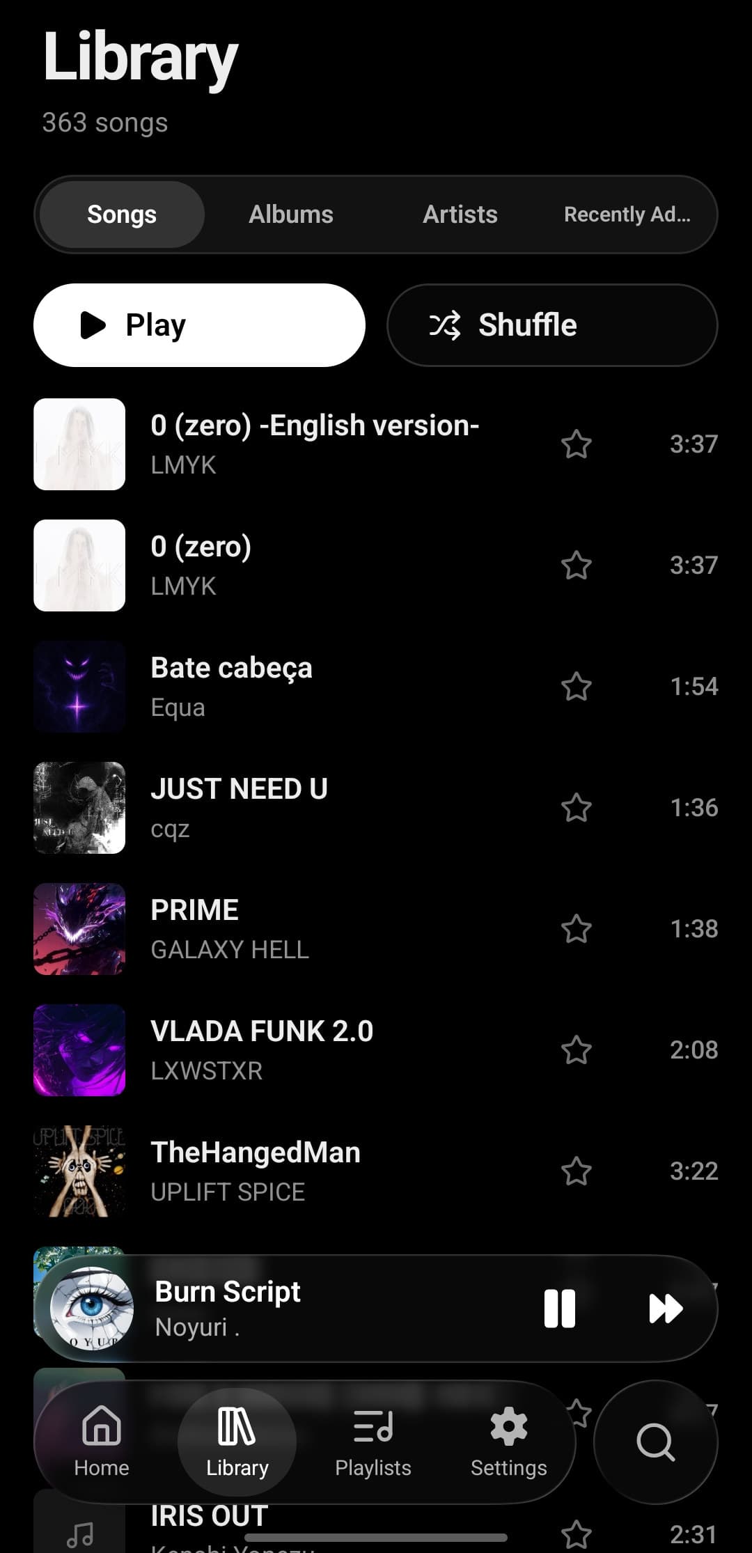 Tatsumi's Library on Android: 363 songs, Songs / Albums / Artists / Recently Added tabs, Play and Shuffle buttons and a track list with cover art, favourite stars and durations