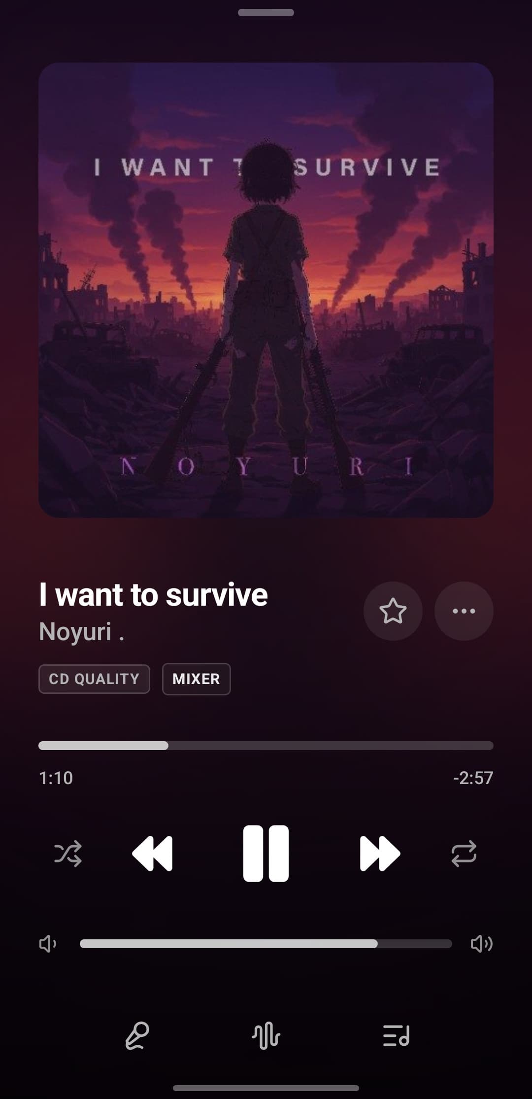 Tatsumi's Now Playing sheet: large artwork for I want to survive by Noyuri, CD QUALITY and MIXER badges, progress, transport and volume, and tabs for lyrics, analyzer and queue