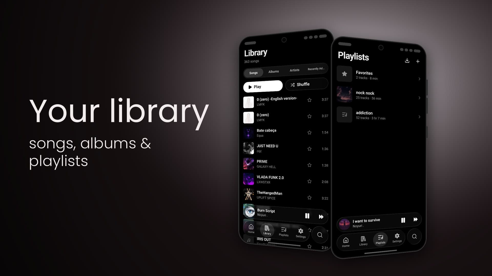 Google Play slide: Your library — songs, albums & playlists, beside the Library and Playlists screens