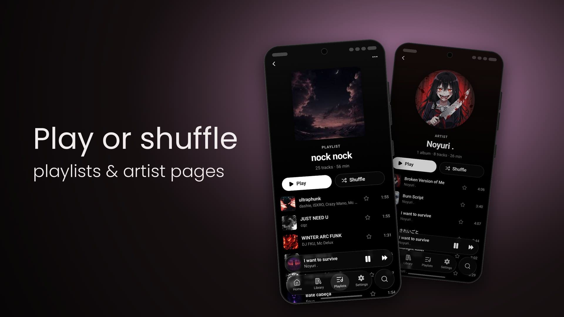 Google Play slide: Play or shuffle — playlists & artist pages, beside an artist page and a playlist
