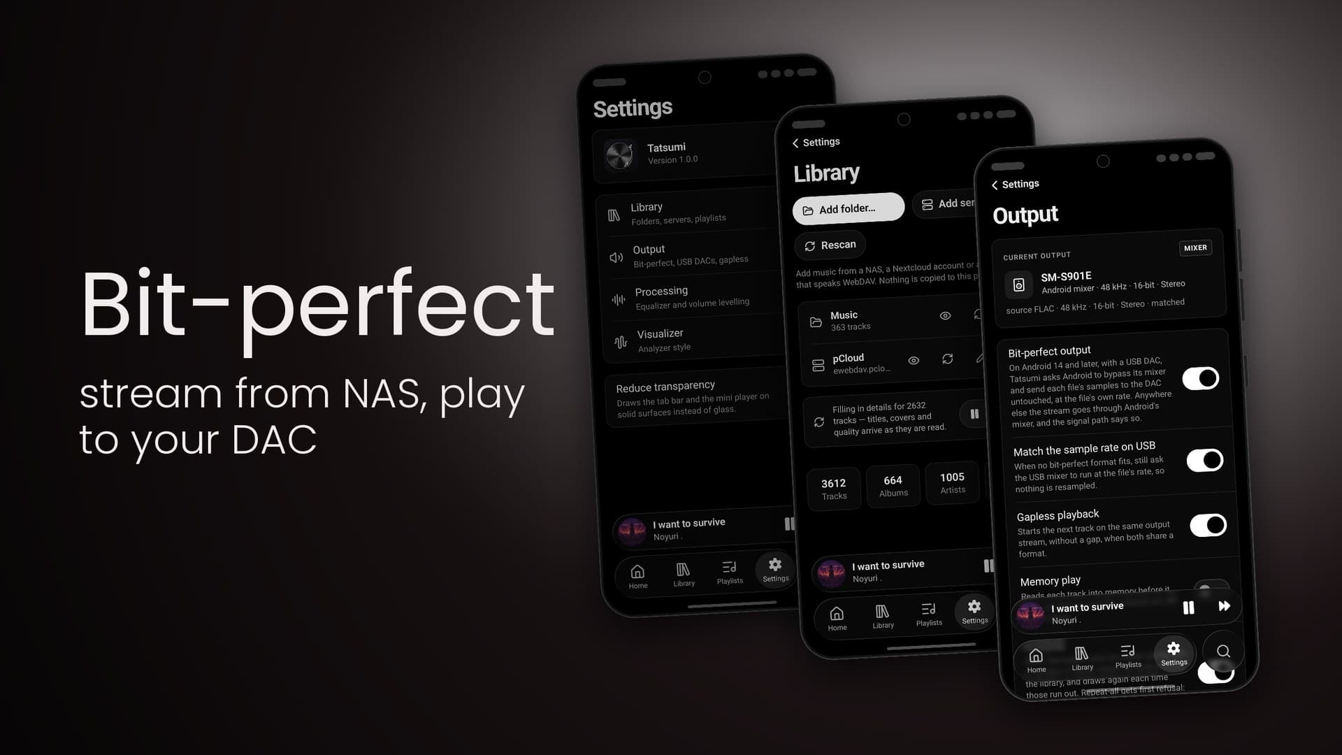 Google Play slide: Bit-perfect — stream from NAS, play to your DAC, beside the Settings, Library and Output screens