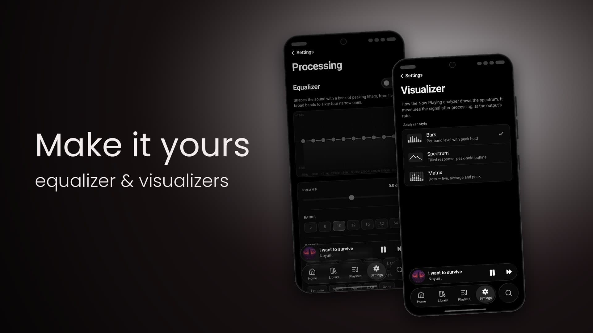 Google Play slide: Make it yours — equalizer & visualizers, beside the Processing and Visualizer settings