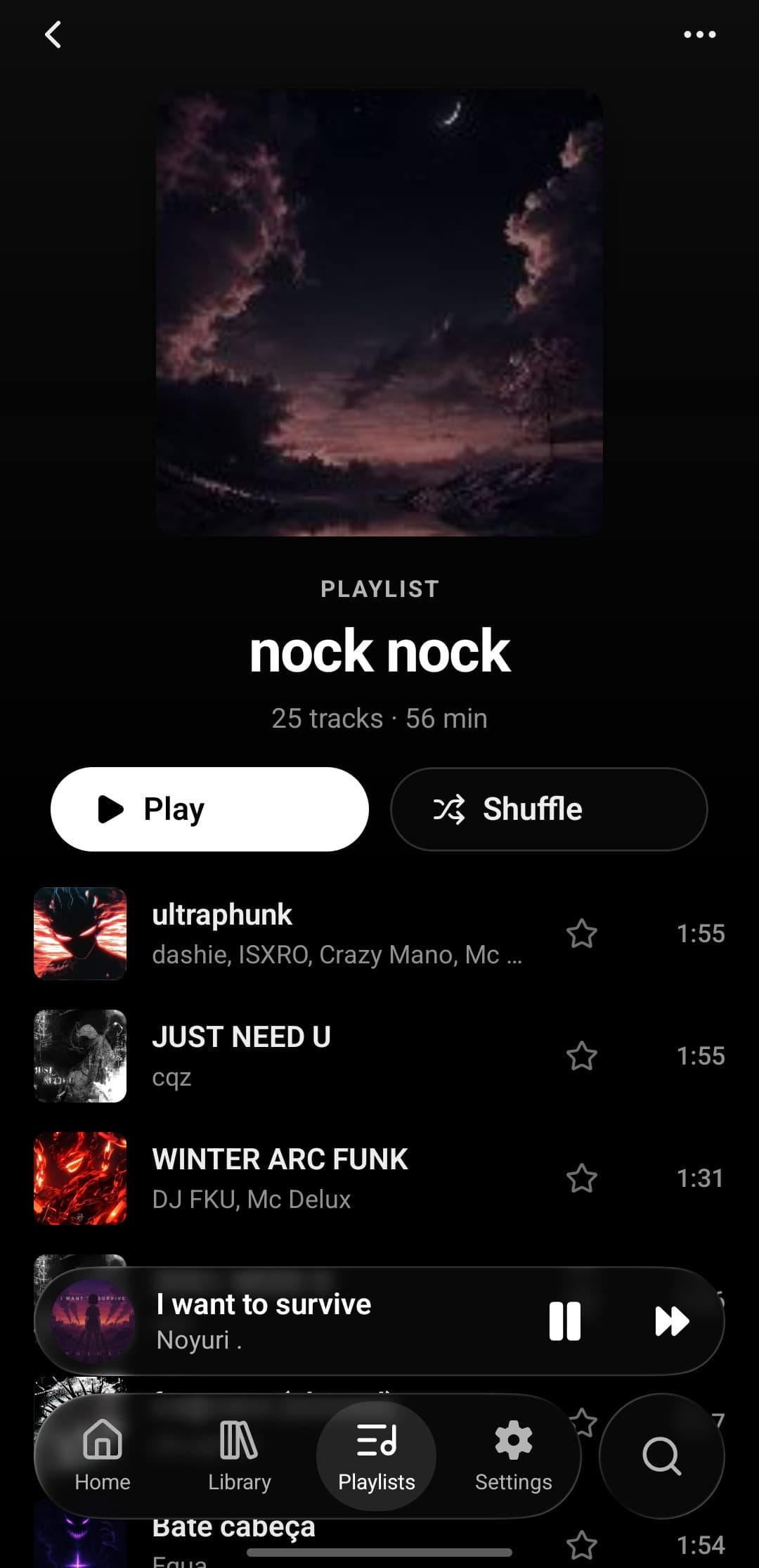 The playlist nock nock in Tatsumi: cover art, 25 tracks · 56 min, Play and Shuffle buttons and the track list beneath