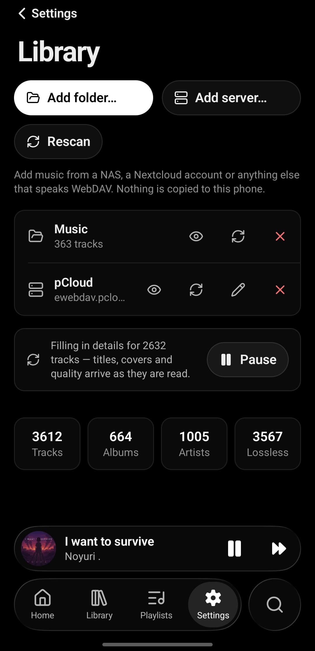 Tatsumi's Library settings on Android: Add folder and Rescan, a Music folder with 363 tracks and a pCloud WebDAV server as sources, and counters for tracks and albums