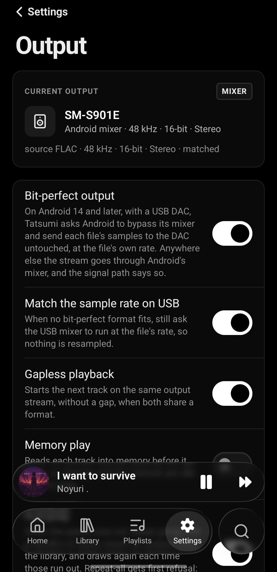 Tatsumi's Output settings on Android: the current output SM-S901E via the Android mixer at 48 kHz 16-bit, and switches for bit-perfect output over USB on Android 14 and later, matching the sample rate on USB, gapless playback and memory play