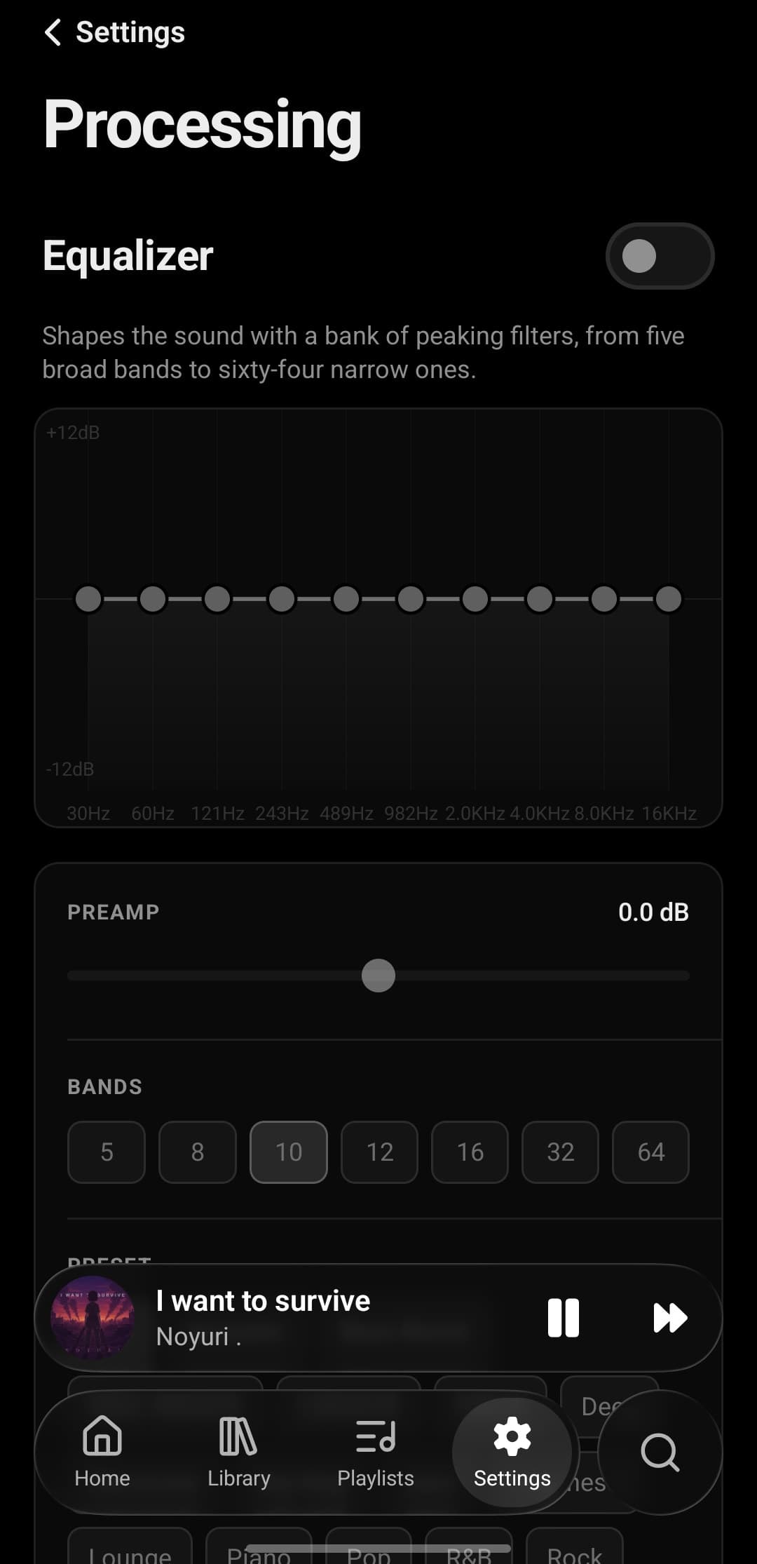 Tatsumi's Processing settings on Android: the Equalizer switch, a ten-band curve from 30 Hz to 16 kHz, a preamp slider, band-count choices from 5 to 64 and presets