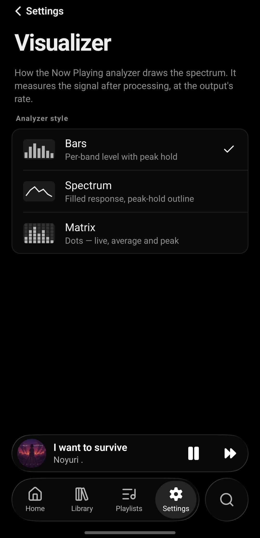 Tatsumi's Visualizer settings on Android: analyzer styles Bars, Spectrum and Matrix, each with a thumbnail and a one-line description