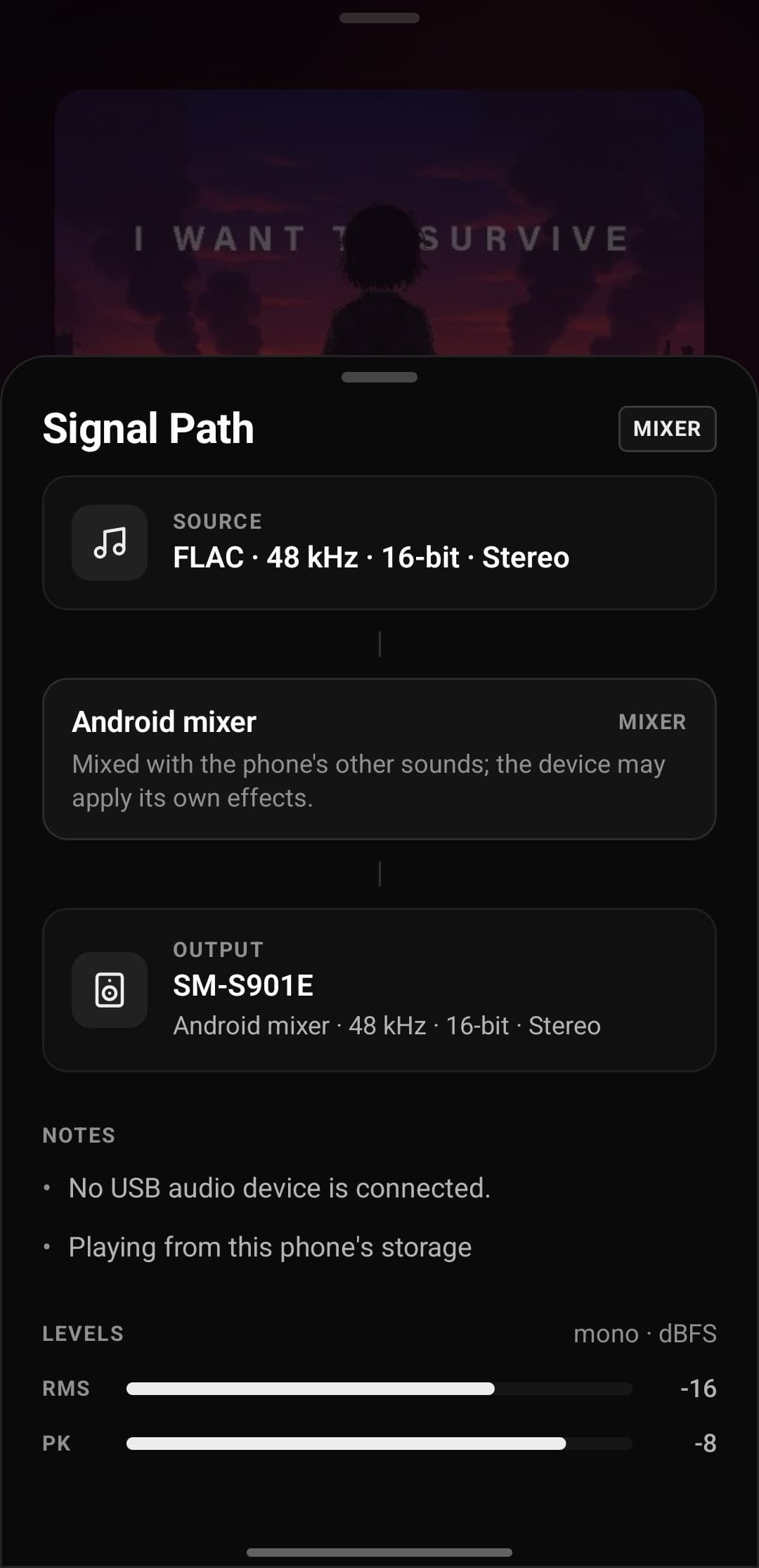 Tatsumi's Signal Path sheet on Android: Source FLAC · 48 kHz · 16-bit · Stereo, the Android mixer stage, Output SM-S901E at 48 kHz 16-bit, notes that no USB audio device is connected, and RMS and peak level meters