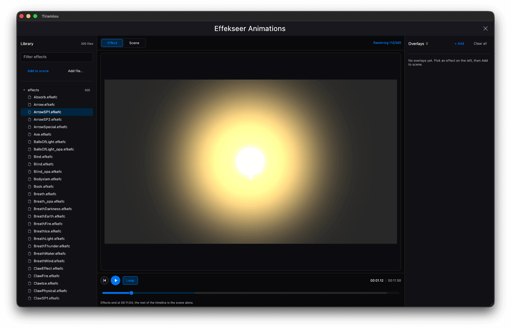 Tiramisu's Effekseer Animations window rendering a single .efkefc effect on the preview canvas