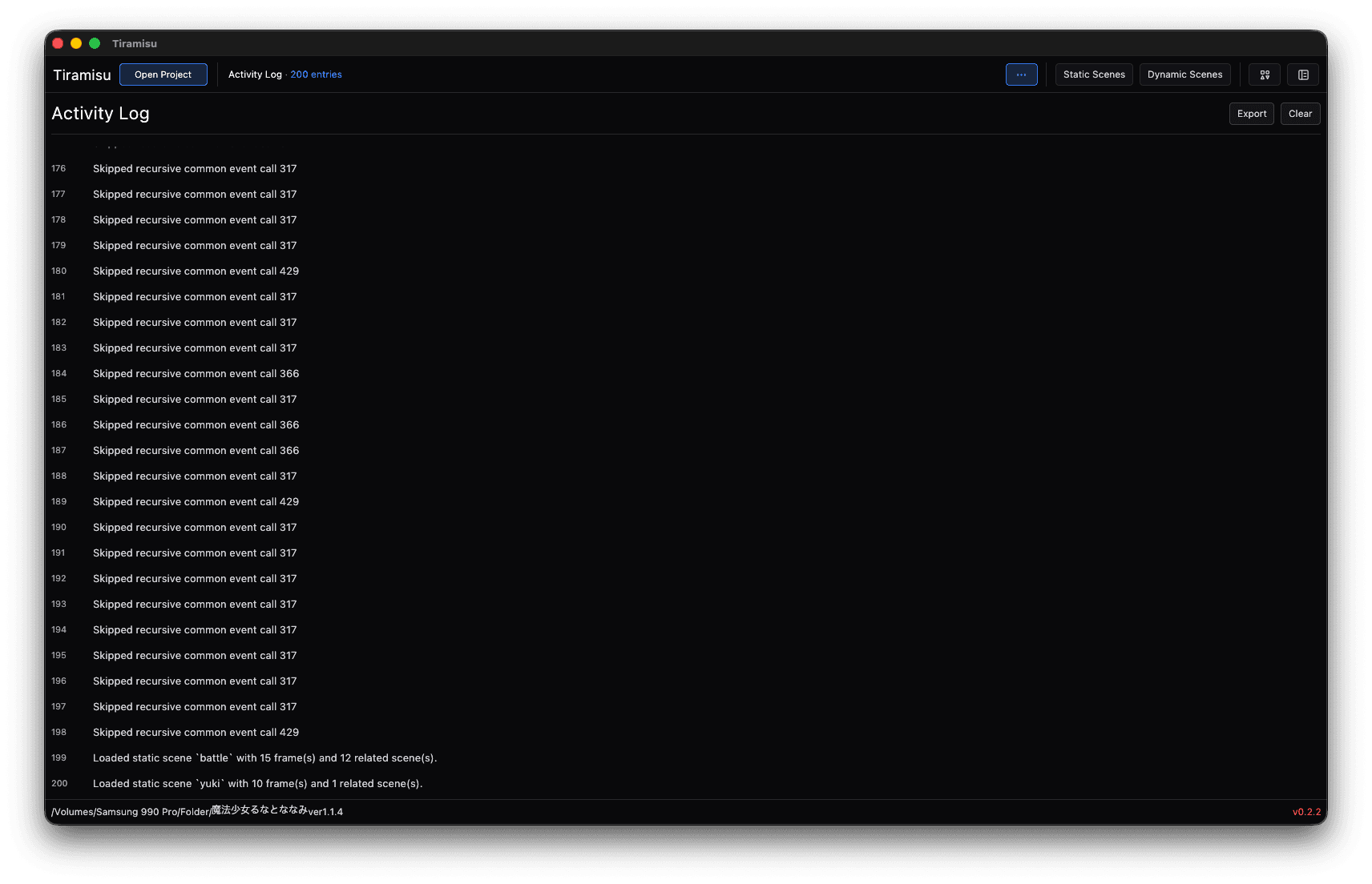The Activity Log: plain-language lines for each scene loaded and each recursive common event skipped