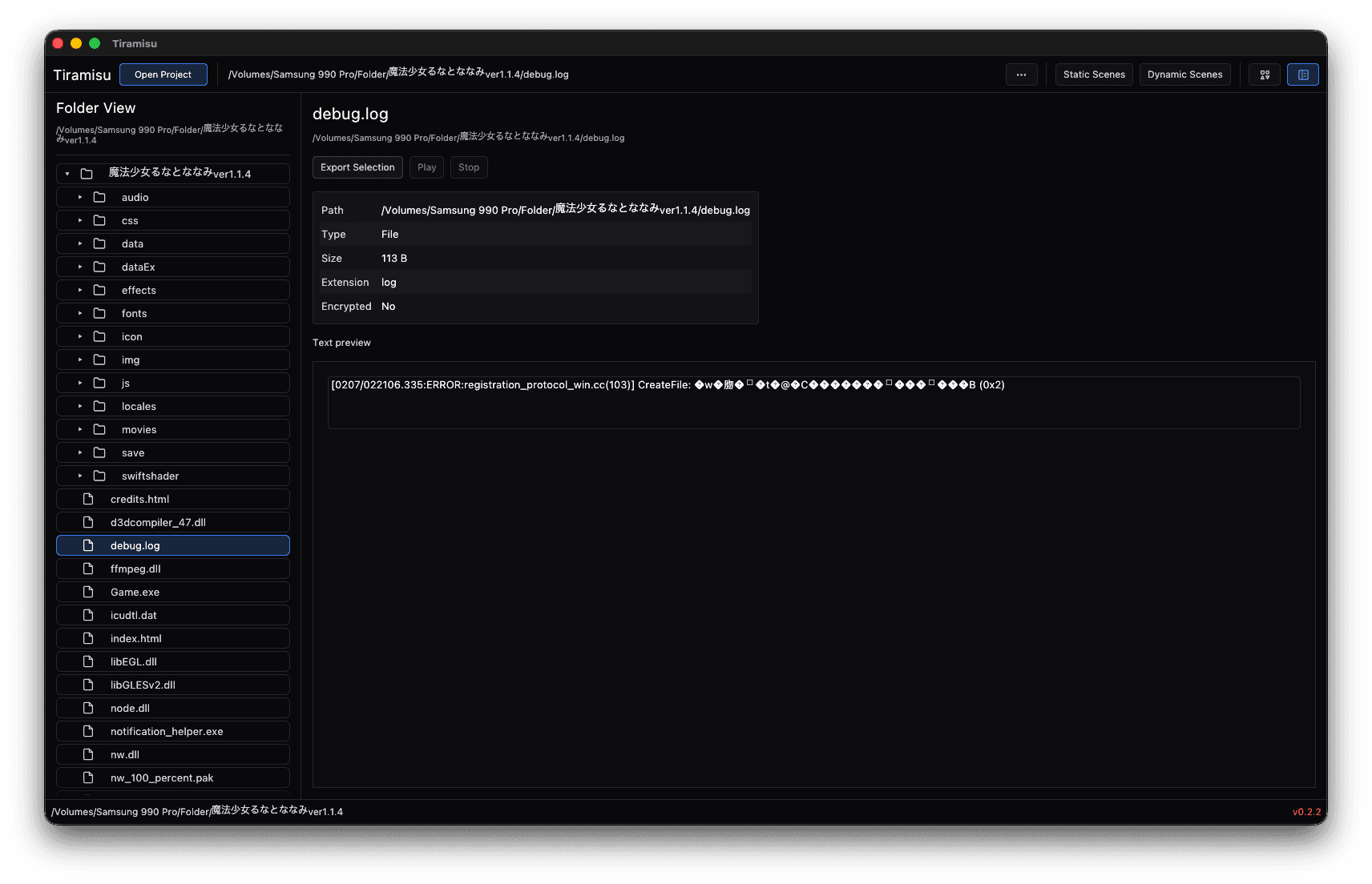 Folder View browsing the game's own files: audio, data, effects, fonts and plugins, with debug.log selected and its path, size, encryption state and a text preview