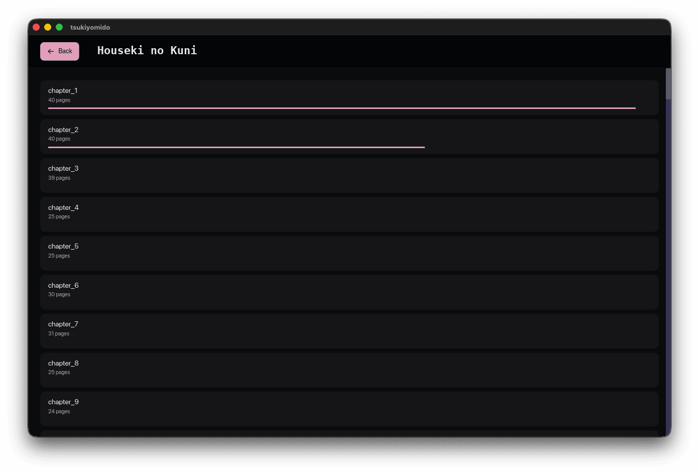 Tsukiyomido's chapter index with page counts and reading-progress bars
