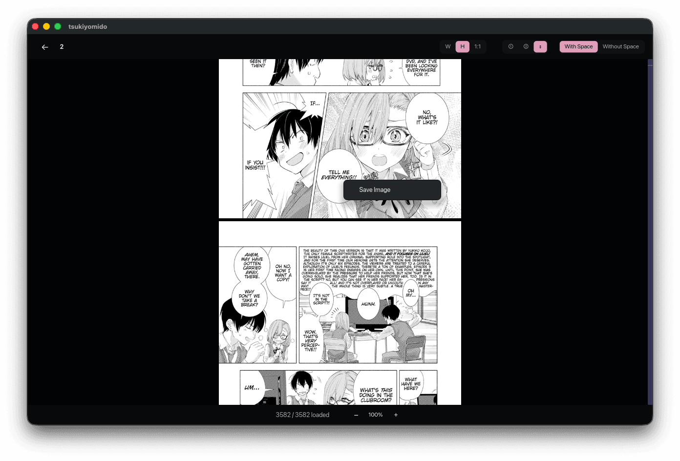 Tsukiyomido's reader at 100% in vertical scroll, with the right-click Save Image menu open over a manga page