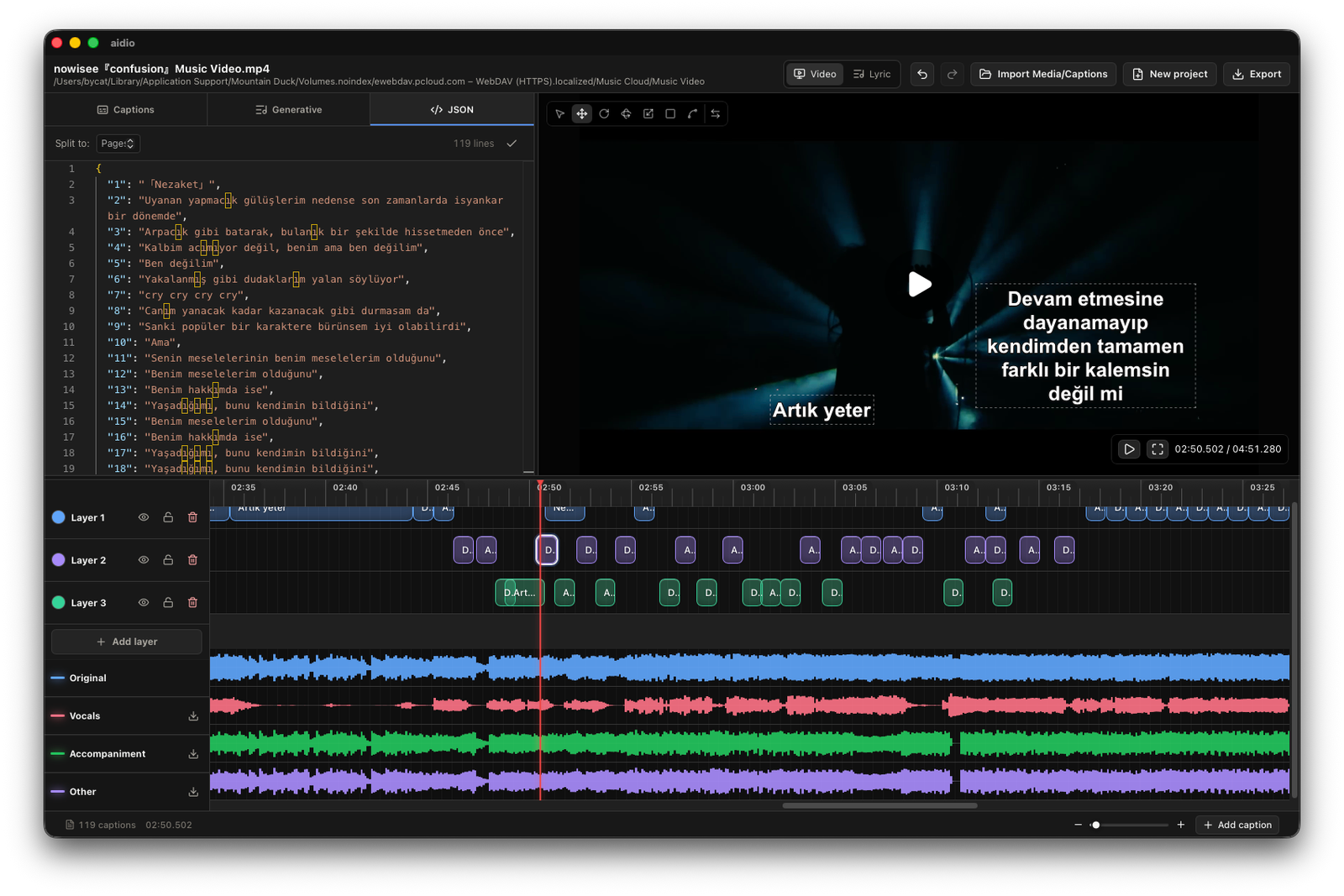 Aidio canvas move tool positioning a caption on the video.