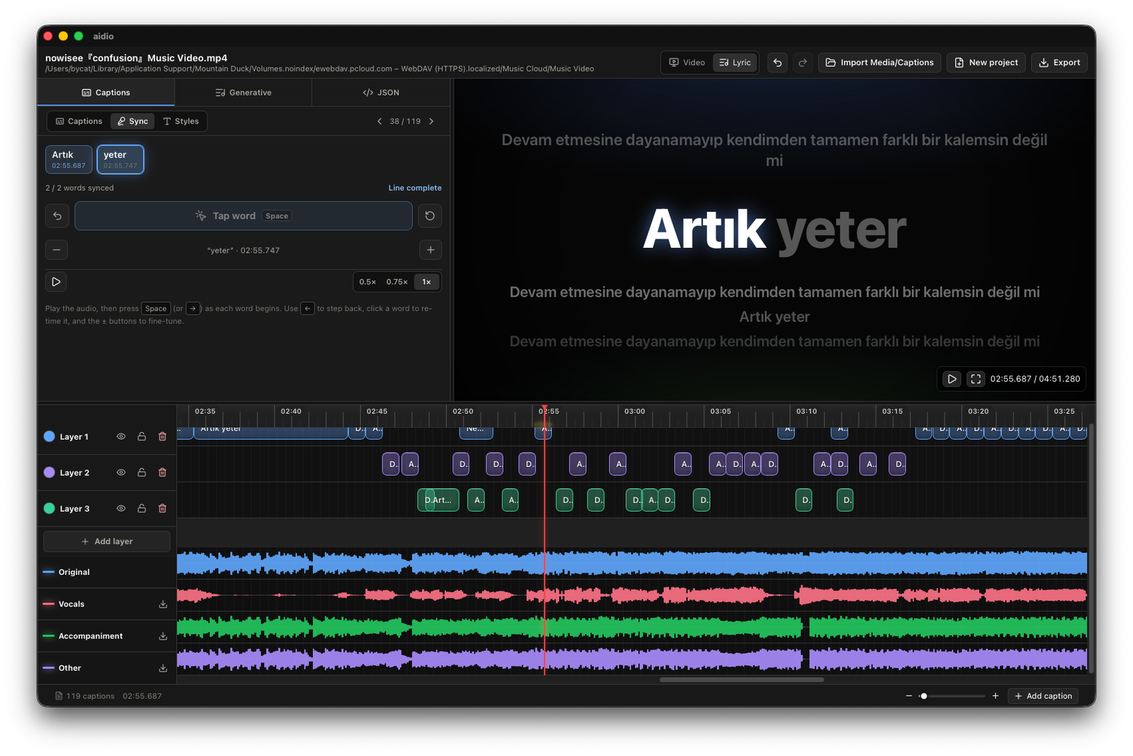 Aidio word-level sync with karaoke lyric preview.