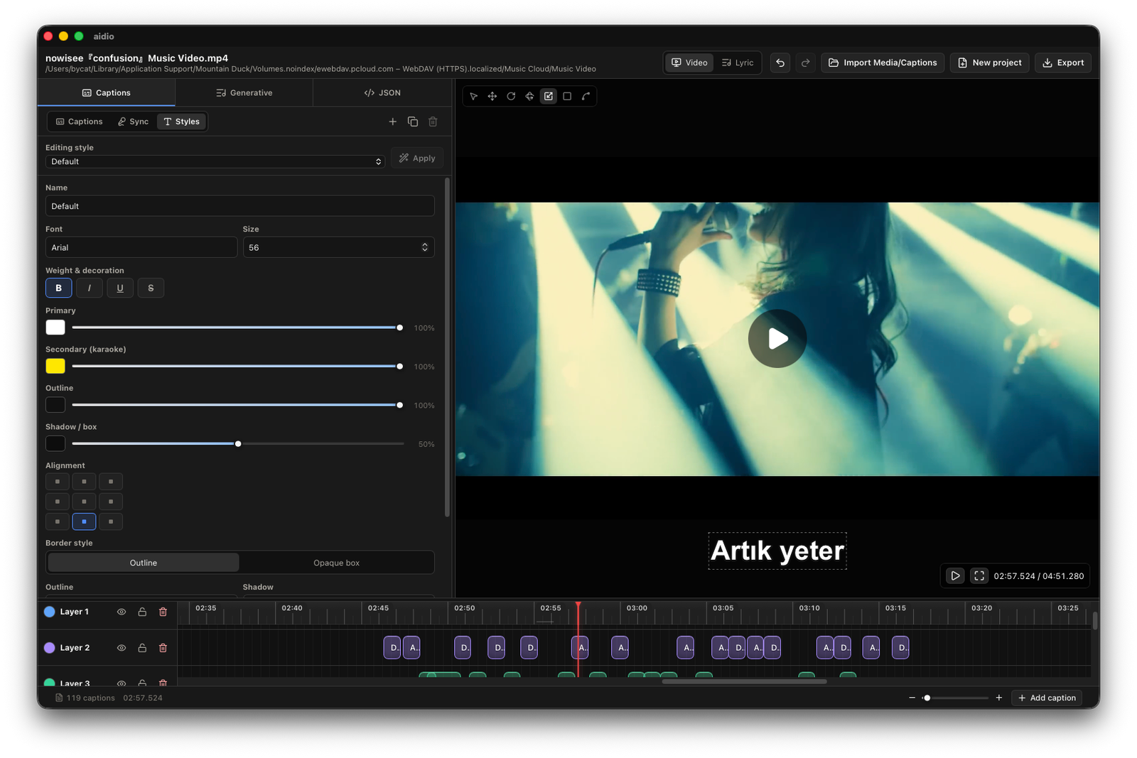 Aidio caption styling panel with font, color and alignment controls.