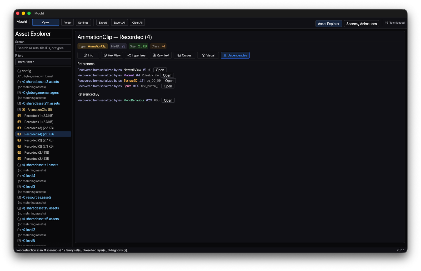 Mochi dependencies view listing references and referenced-by entries.