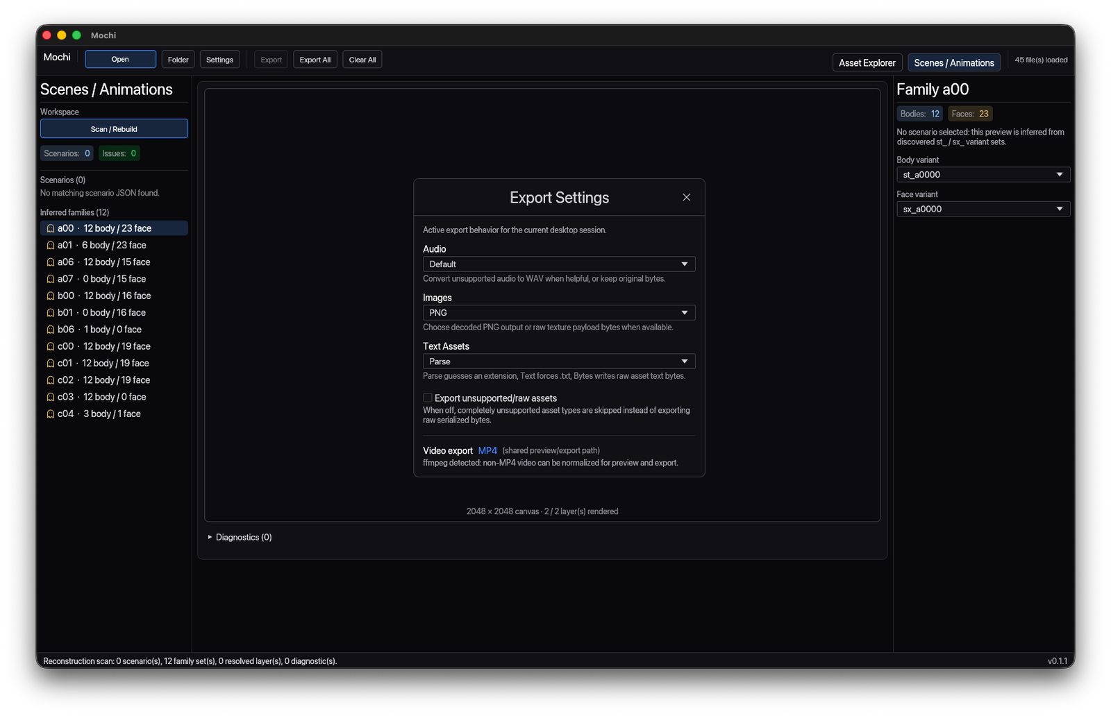 Mochi export settings dialog with audio, image and text options.