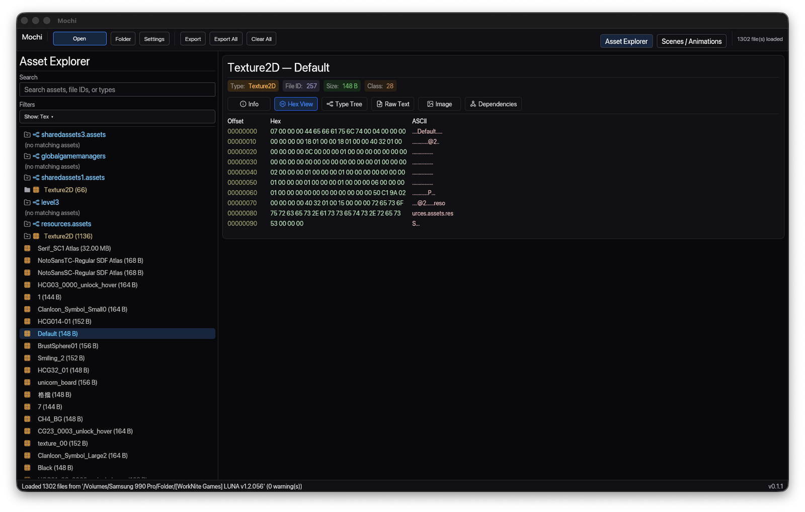 Mochi hex view with byte offsets, hex columns and ASCII output.