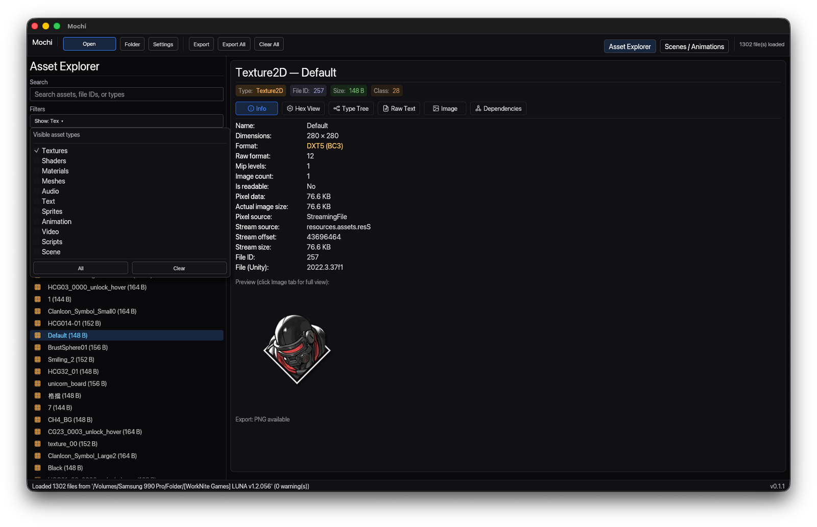 Mochi Texture2D info view with full metadata and preview.