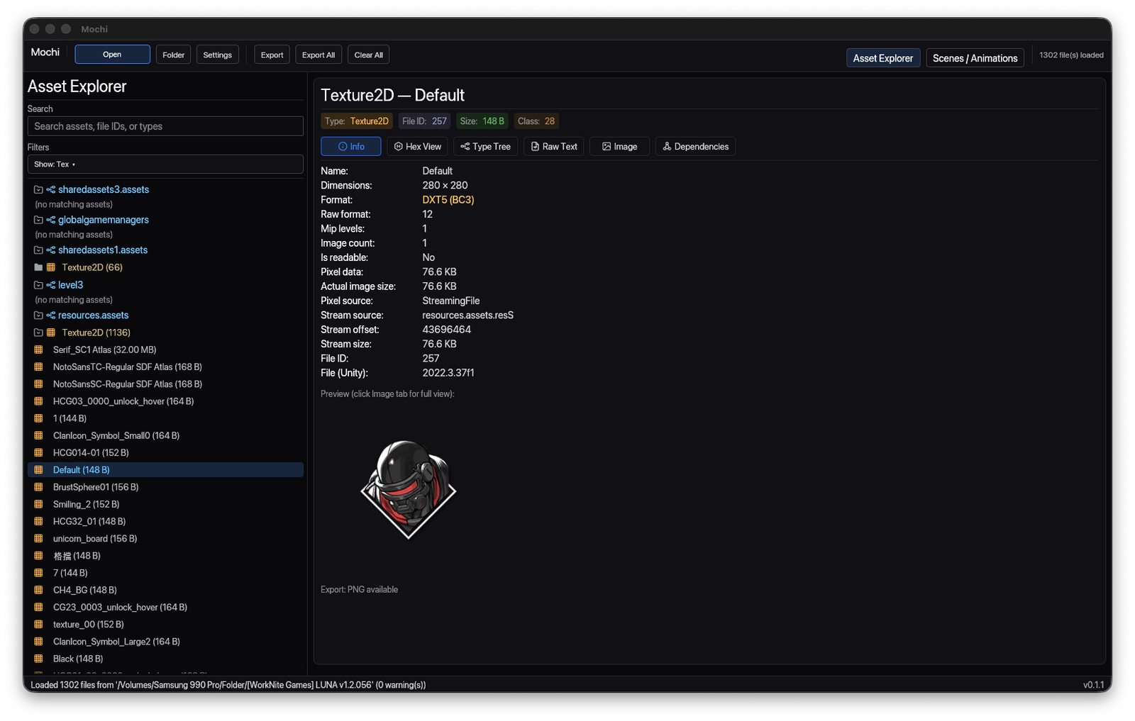 Mochi asset explorer with a Texture2D selected and its full metadata panel.